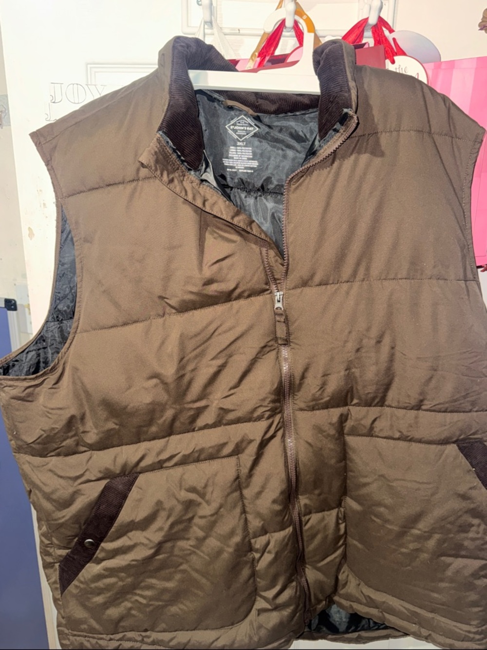 St. John's Bay Brown Quilted Puffer Vest with Corduroy Trim